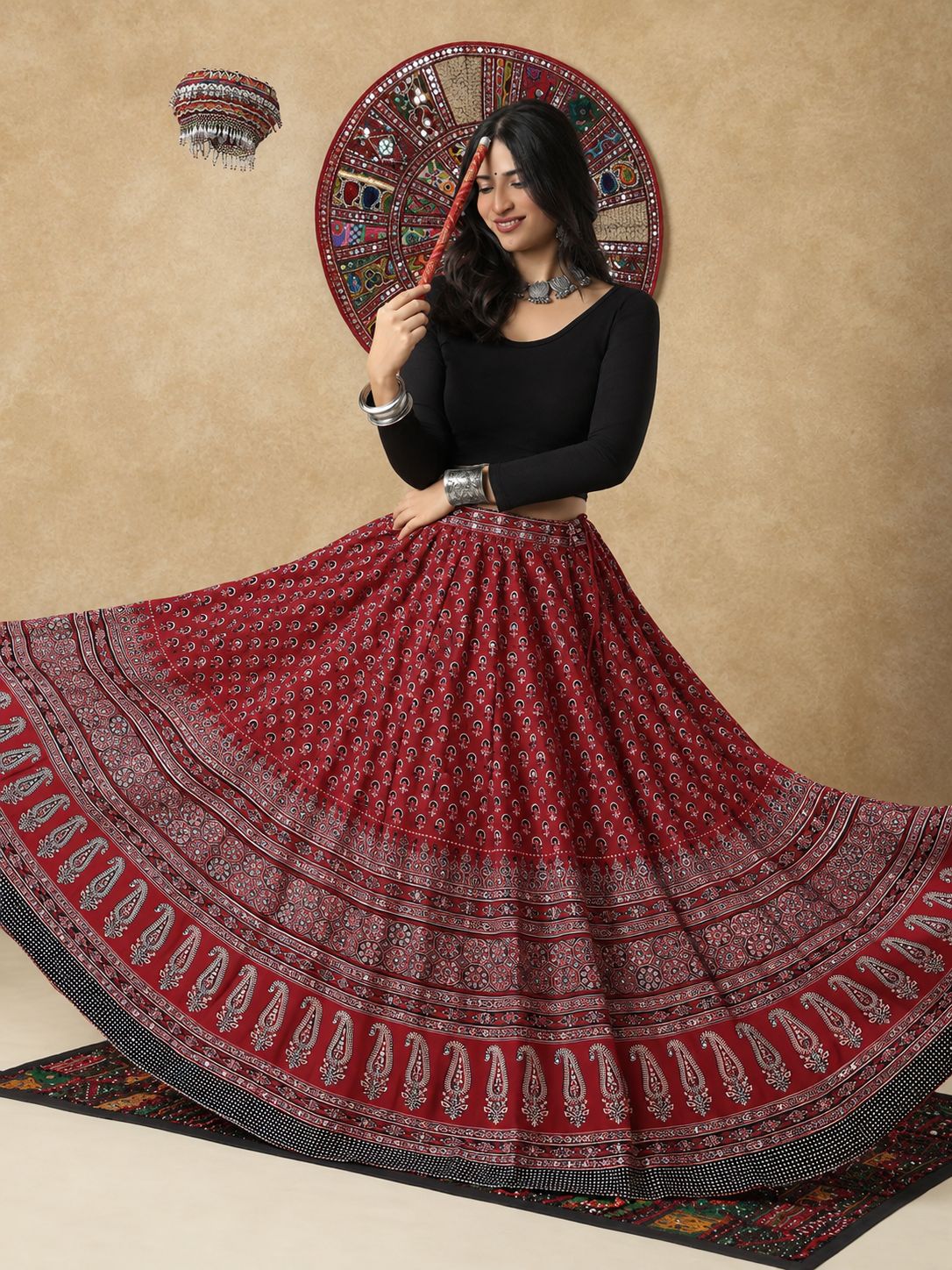 Maroon Ajrakh Mirror Work Garba Cotton Readymade Skirt For Navratri