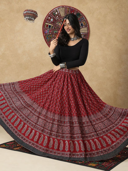 Maroon Ajrakh Mirror Work Garba Cotton Readymade Skirt For Navratri