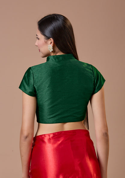 Green Silk Collared Neck Readymade Blouse