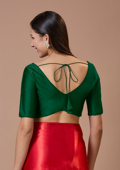 Green Silk V Neck Comfort Fit Readymade Blouse