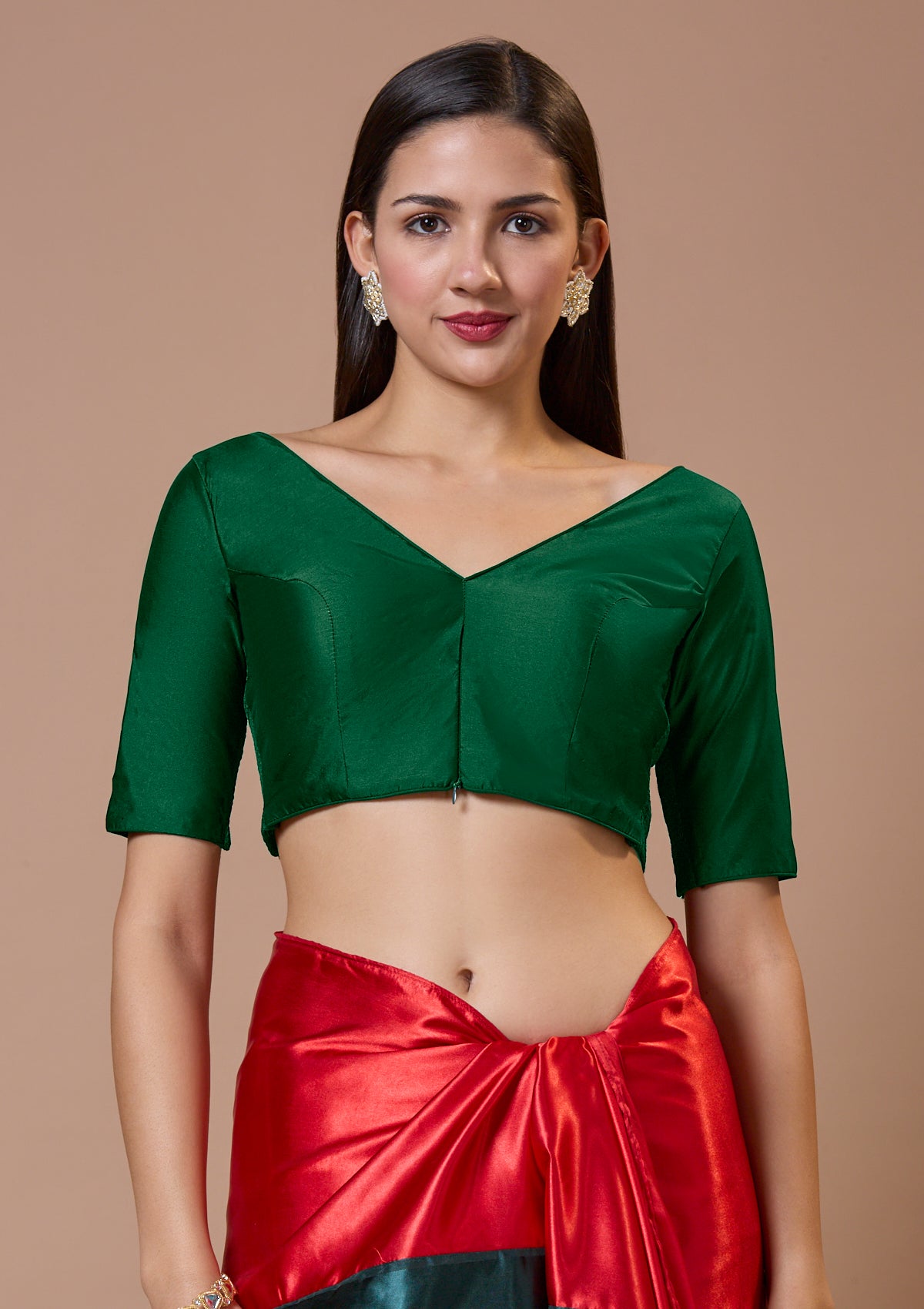 Green Silk V Neck Comfort Fit Readymade Blouse