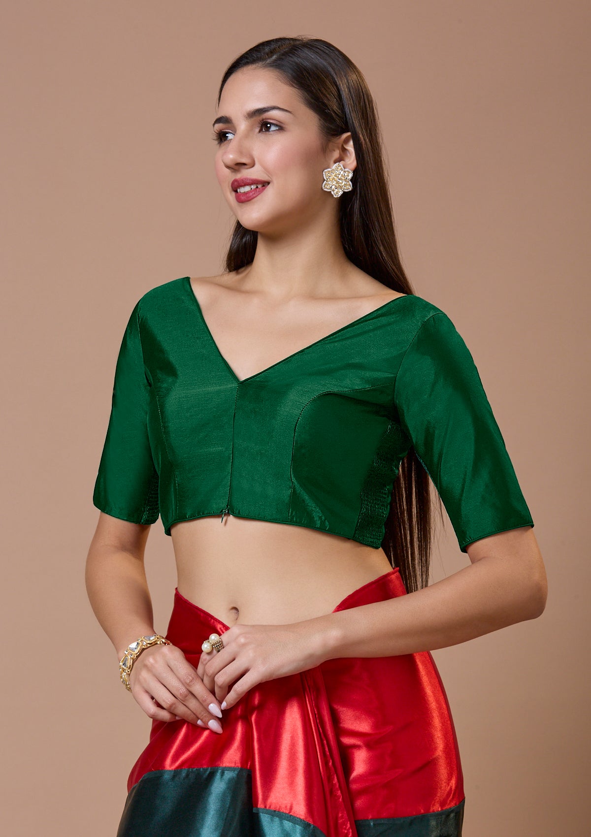 Green Silk V Neck Comfort Fit Readymade Blouse