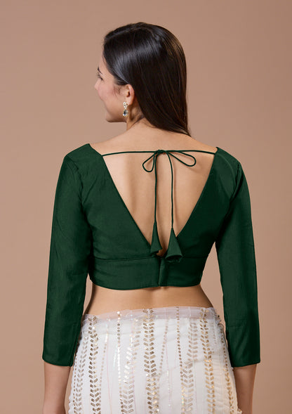 Green Silk Plunging V Neck Readymade Blouse