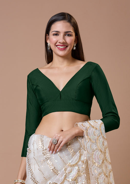 Green Silk Plunging V Neck Readymade Blouse