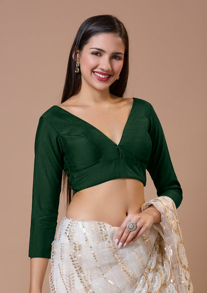 Green Silk Plunging V Neck Readymade Blouse