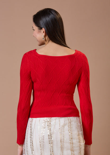 Red Round Neck Full Sleeves Readymade Blouse For Winter With Embroidery