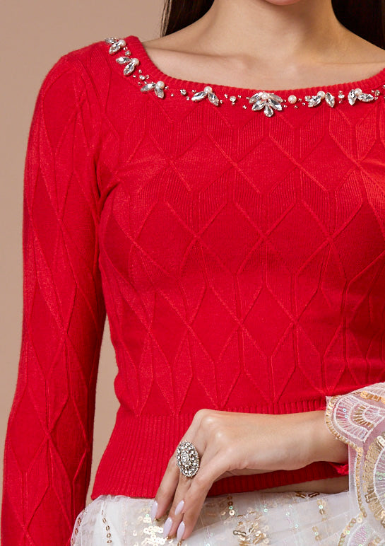 Red Round Neck Full Sleeves Readymade Blouse For Winter With Embroidery