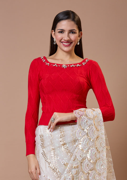 Red Round Neck Full Sleeves Readymade Blouse For Winter With Embroidery