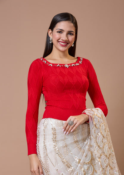 Red Round Neck Full Sleeves Readymade Blouse For Winter With Embroidery