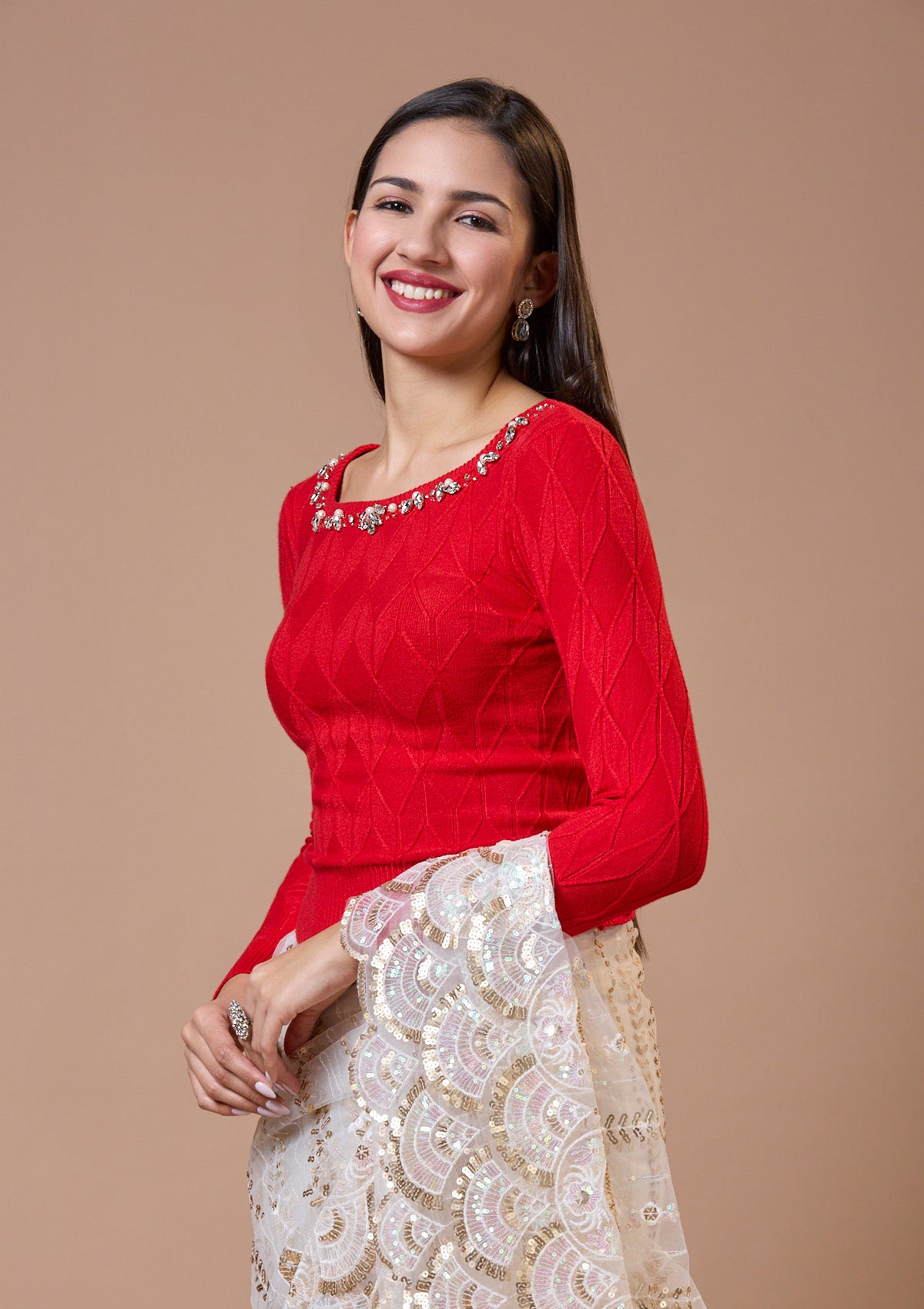 Red Round Neck Full Sleeves Readymade Blouse For Winter With Embroidery