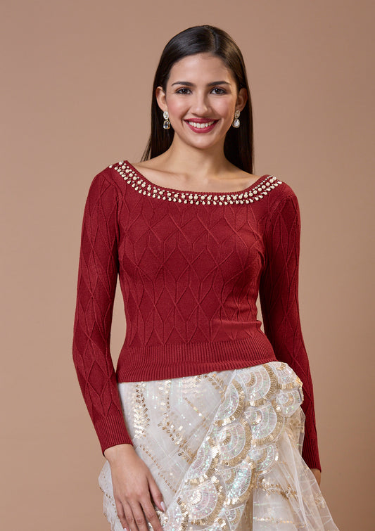 Maroon Round Neck Full Sleeves Readymade Blouse For Winter With Embroidery