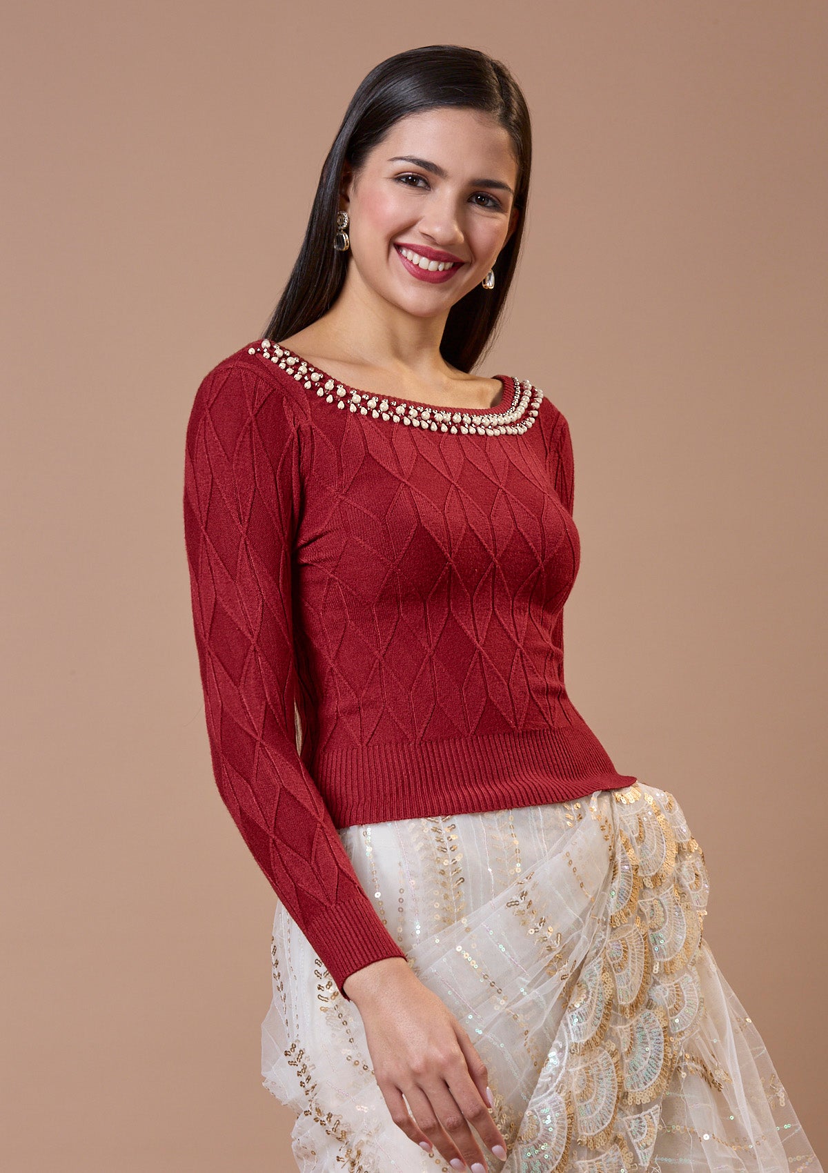 Maroon Round Neck Full Sleeves Readymade Blouse For Winter With Embroidery