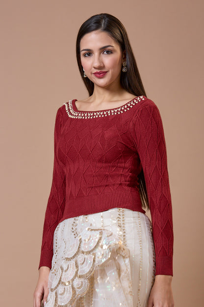 Maroon Round Neck Full Sleeves Readymade Blouse For Winter With Embroidery