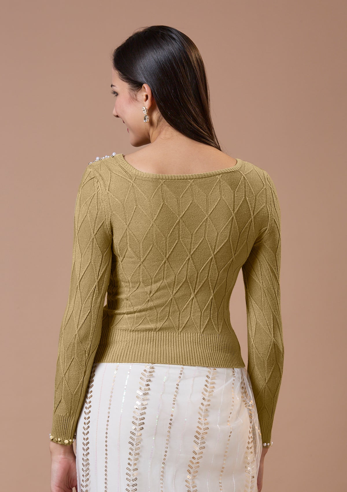 Beige Round Neck Full Sleeves Readymade Blouse For Winter With Embroidery