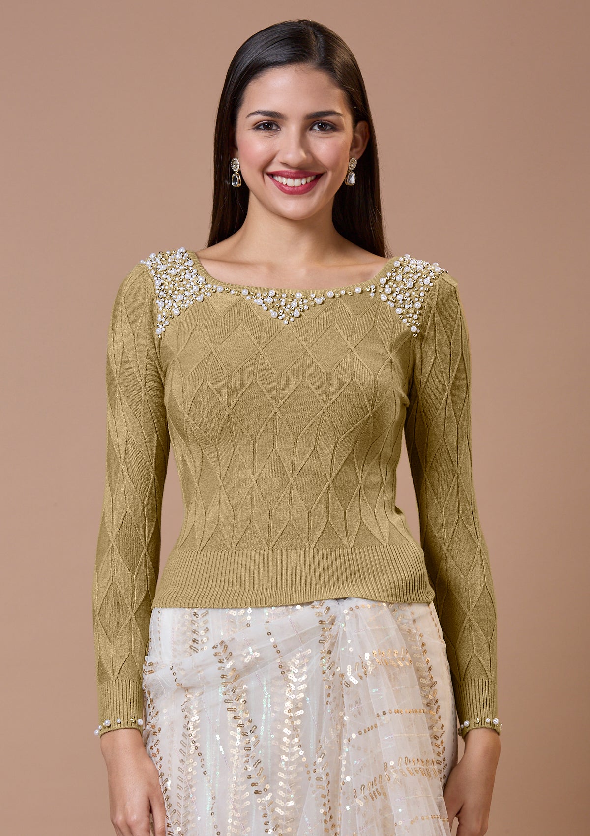 Beige Round Neck Full Sleeves Readymade Blouse For Winter With Embroidery