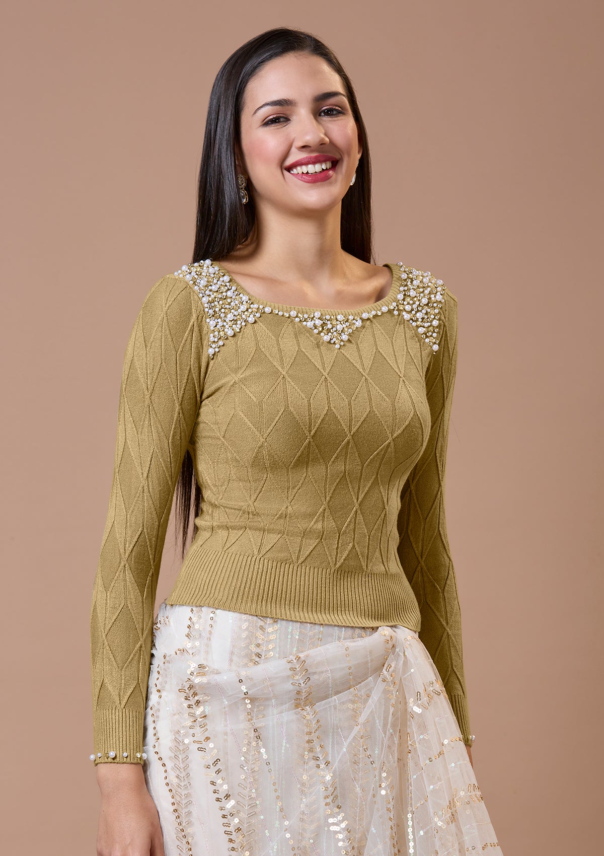 Beige Round Neck Full Sleeves Readymade Blouse For Winter With Embroidery