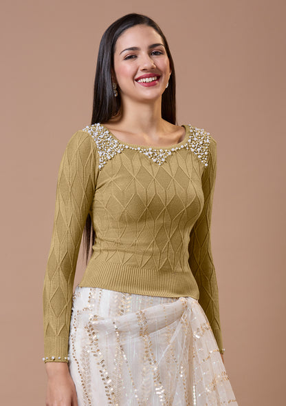 Beige Round Neck Full Sleeves Readymade Blouse For Winter With Embroidery