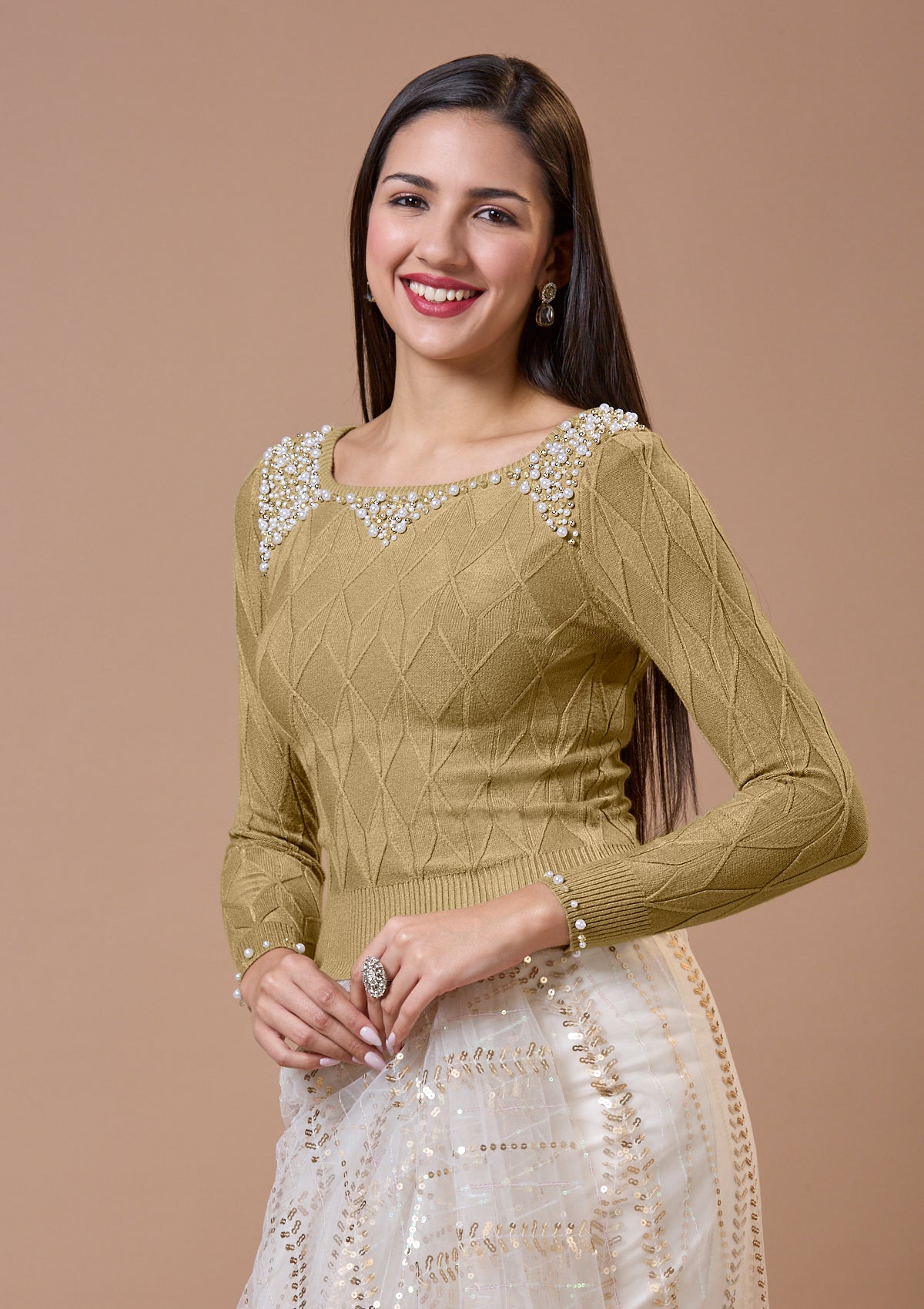 Beige Round Neck Full Sleeves Readymade Blouse For Winter With Embroidery