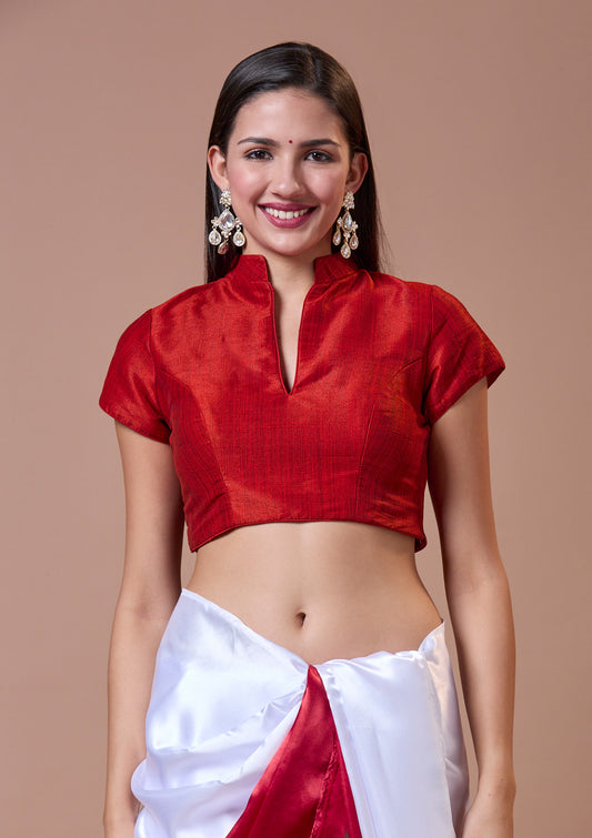 Red Silk Collared Neck Readymade Blouse