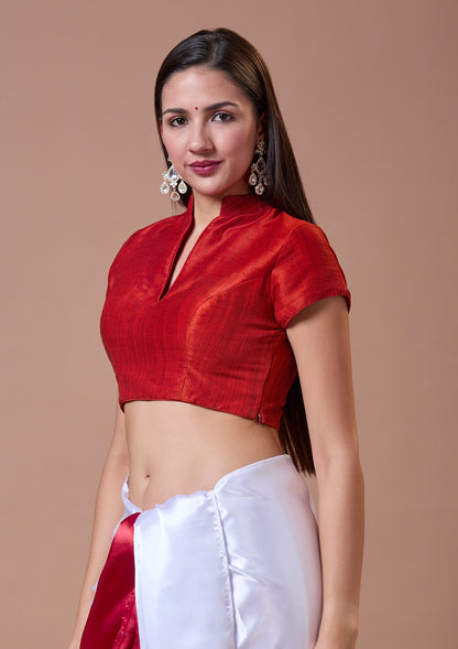 Red Silk Collared Neck Readymade Blouse