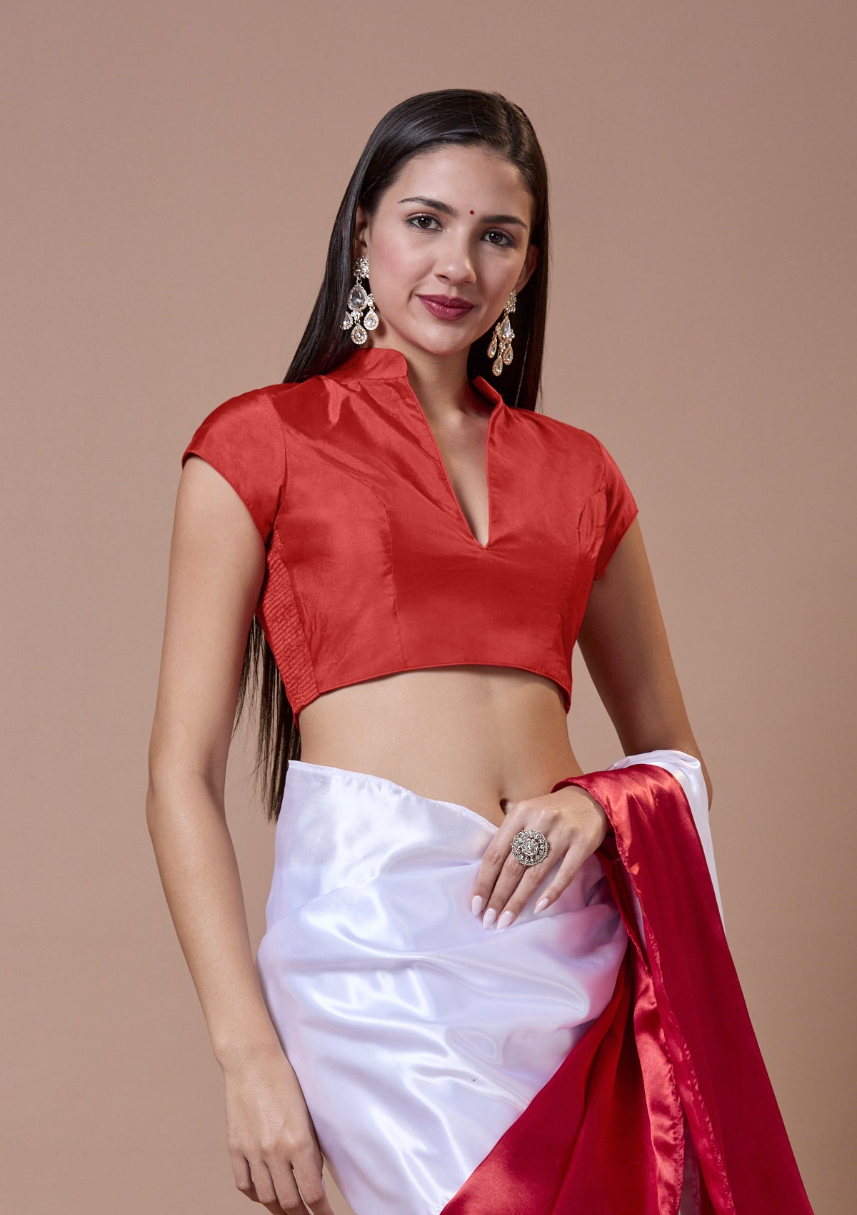 Red Silk Collar Neck Comfort Fit Readymade Blouse