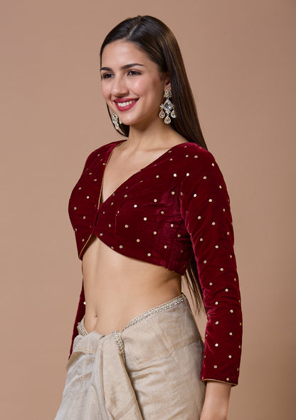 Maroon V Neck Full Sleeves Velvet Readymade Blouse For Winter