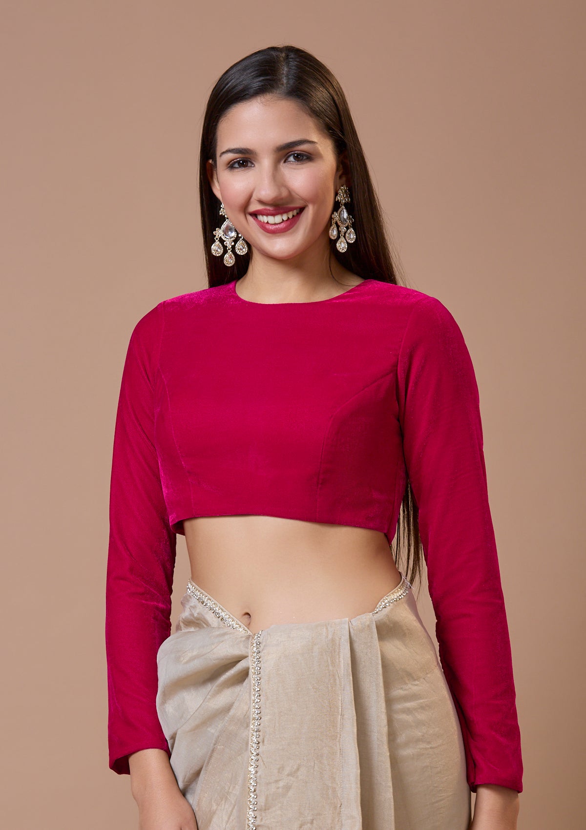 Pink Round Neck Full Sleeves Velvet Readymade Blouse For Winter