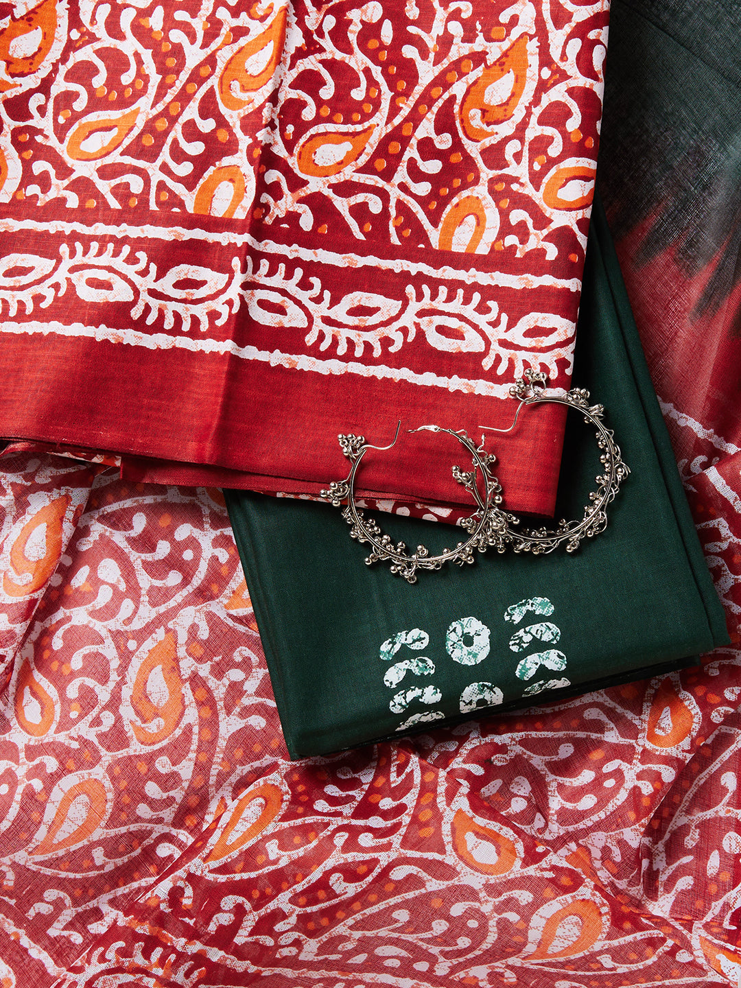 Maroon & Green Printed Unstitch Dress Material with Dupatta