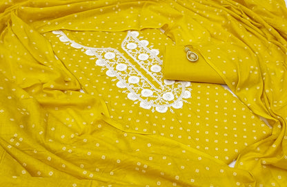 Yellow Embroidered Cotton Unstitched Dress Material with Dupatta