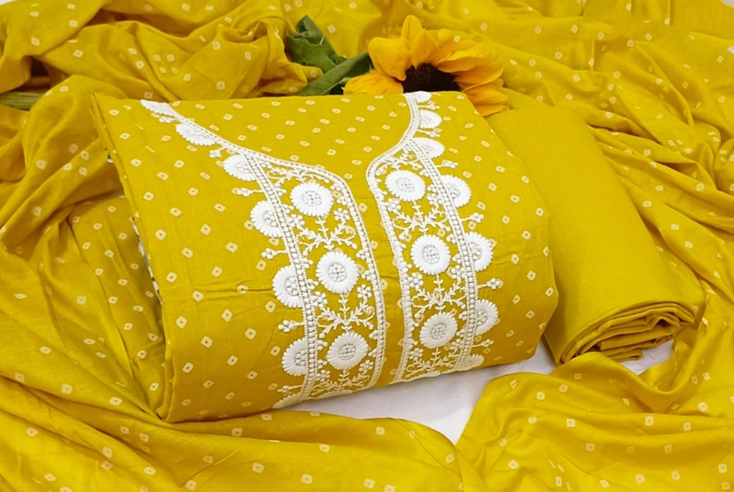 Yellow Embroidered Cotton Unstitched Dress Material with Dupatta