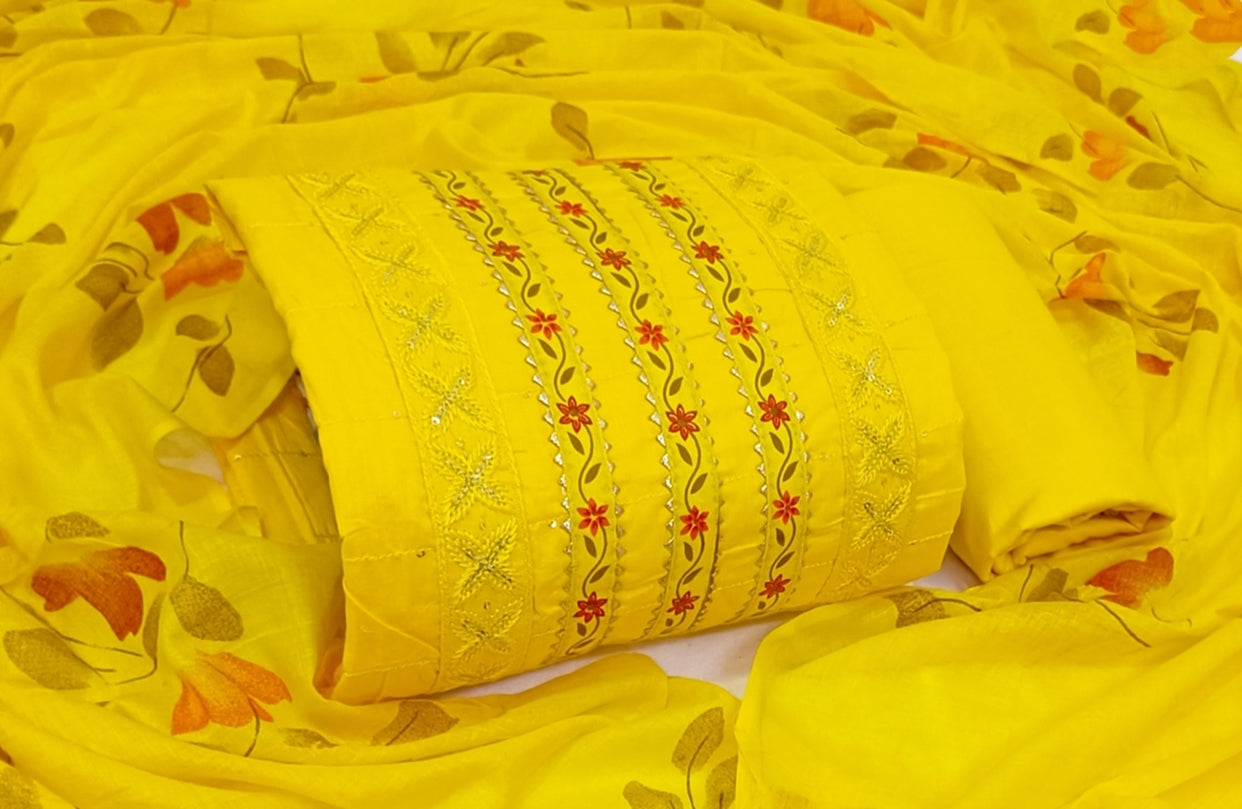 Yellow Printed Unstitch Dress Material with Dupatta