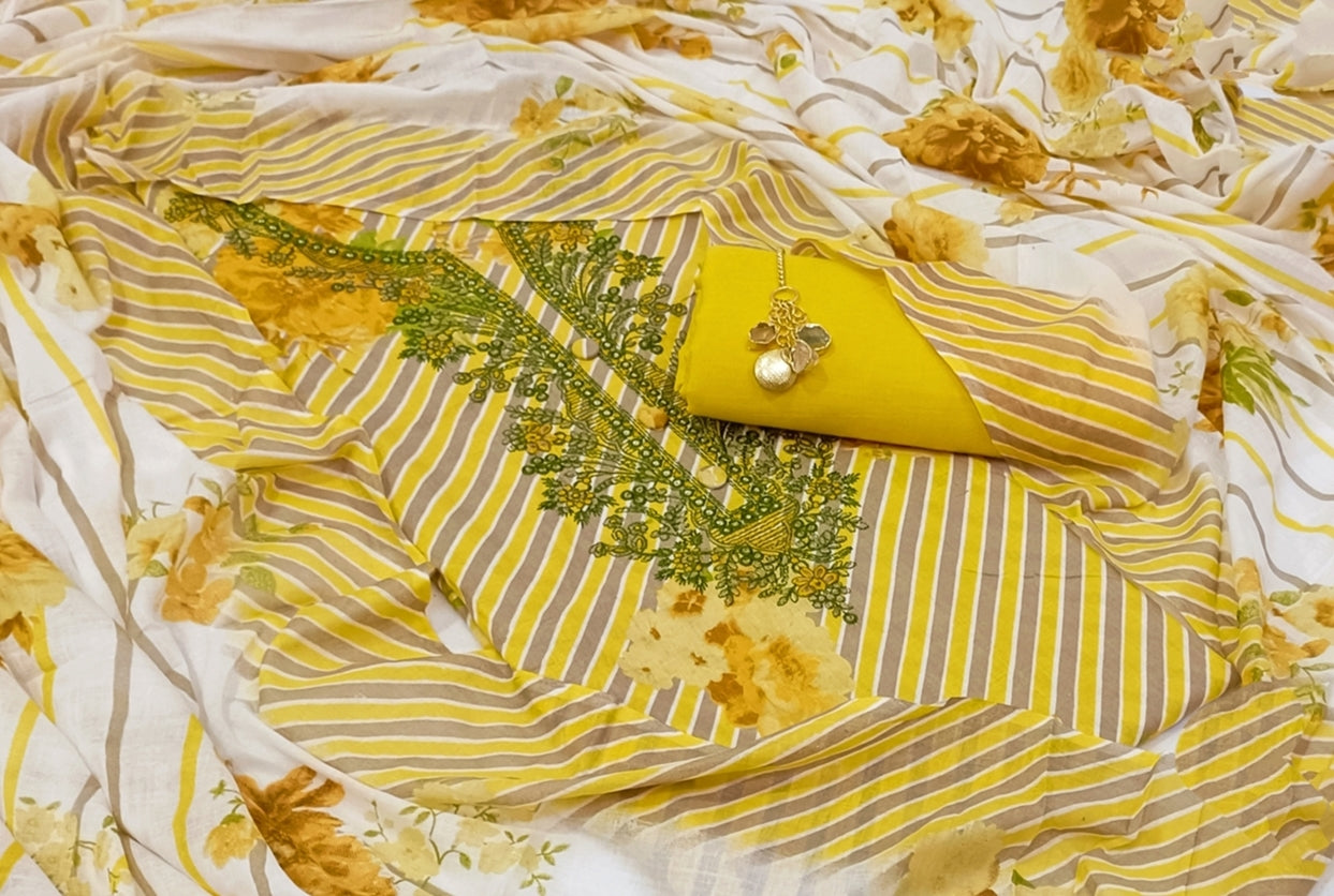 Yellow Leheriya Printed Unstitch Dress Material with Dupatta