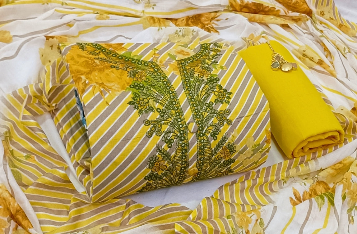 Yellow Leheriya Printed Unstitch Dress Material with Dupatta