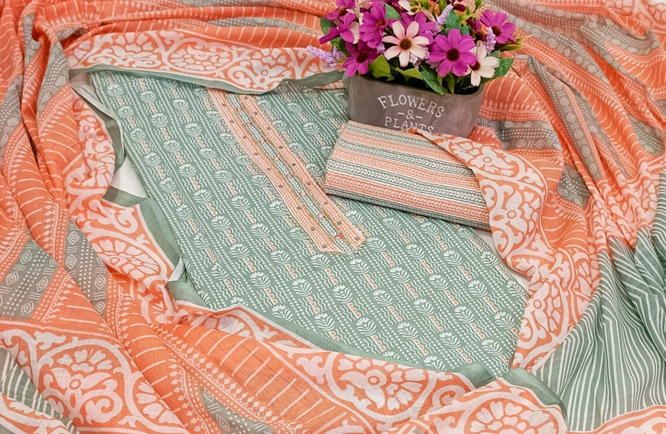 Grey & Orange Printed Unstitch Dress Material with Dupatta