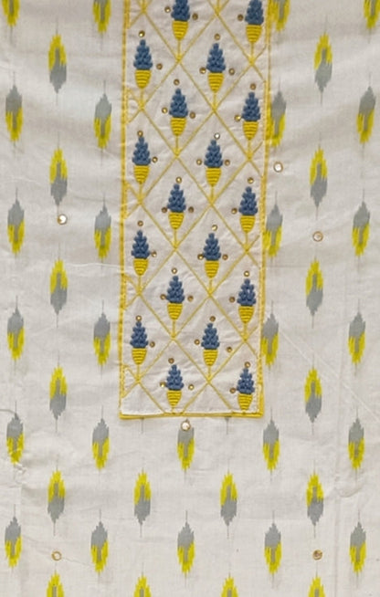 White Ikat Printed Cotton Unstitched Dress Material with Dupatta