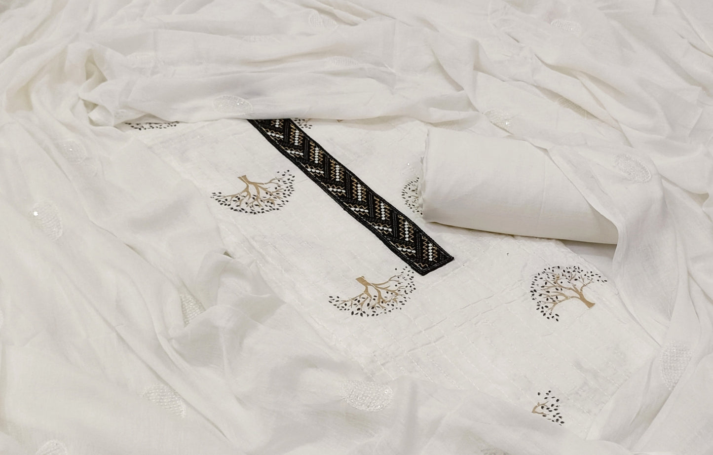 White Block Printed Cotton Unstitched Dress Material with Dupatta