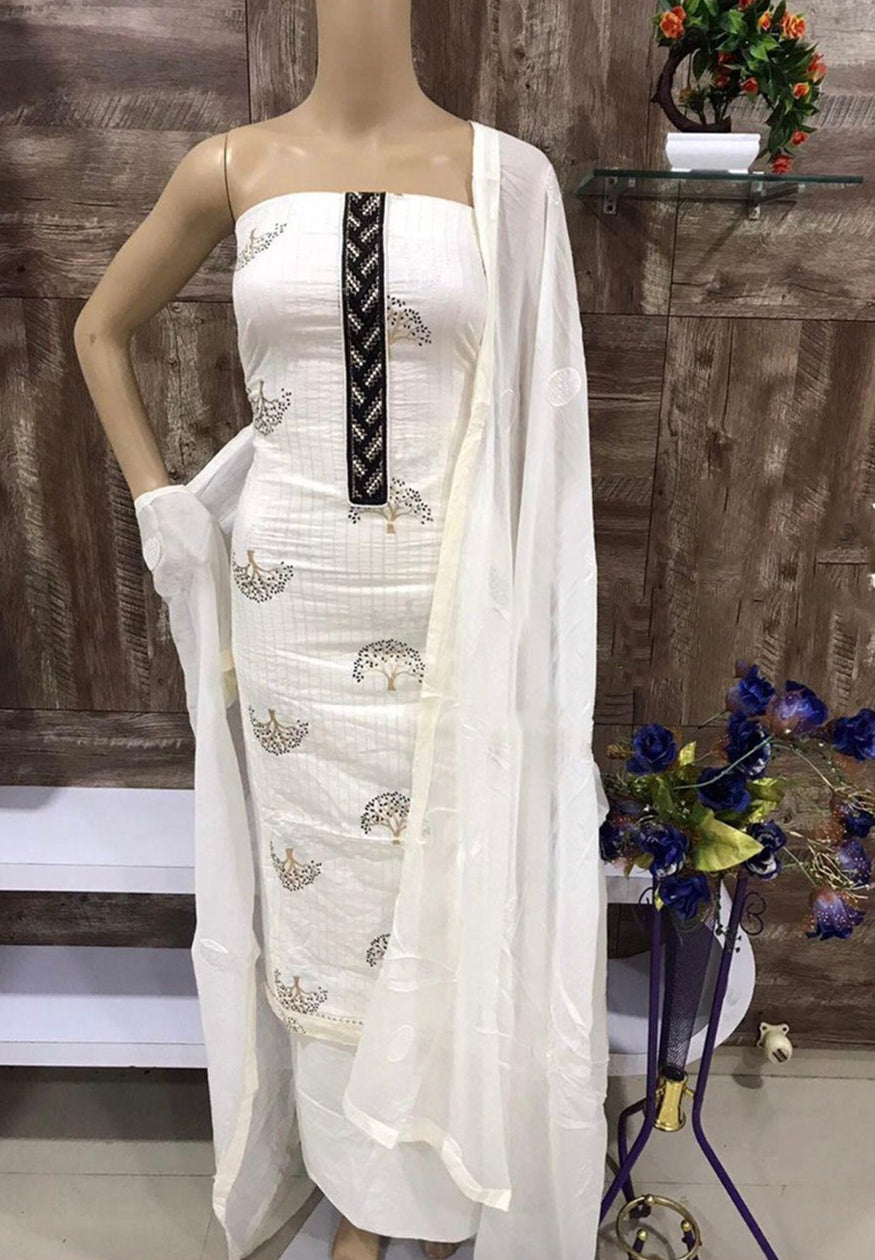 White Block Printed Cotton Unstitched Dress Material with Dupatta