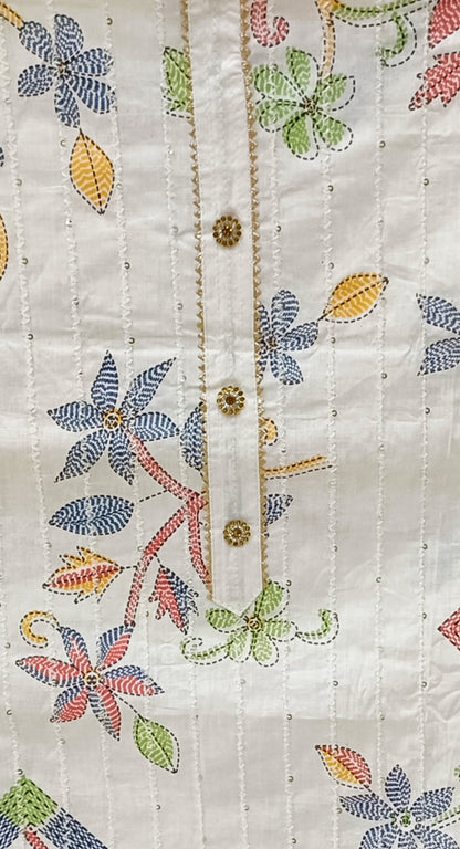 White Printed Cotton Unstitched Dress Material with Dupatta