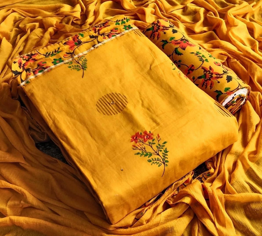 Mustard Printed Unstitch Dress Material with Dupatta