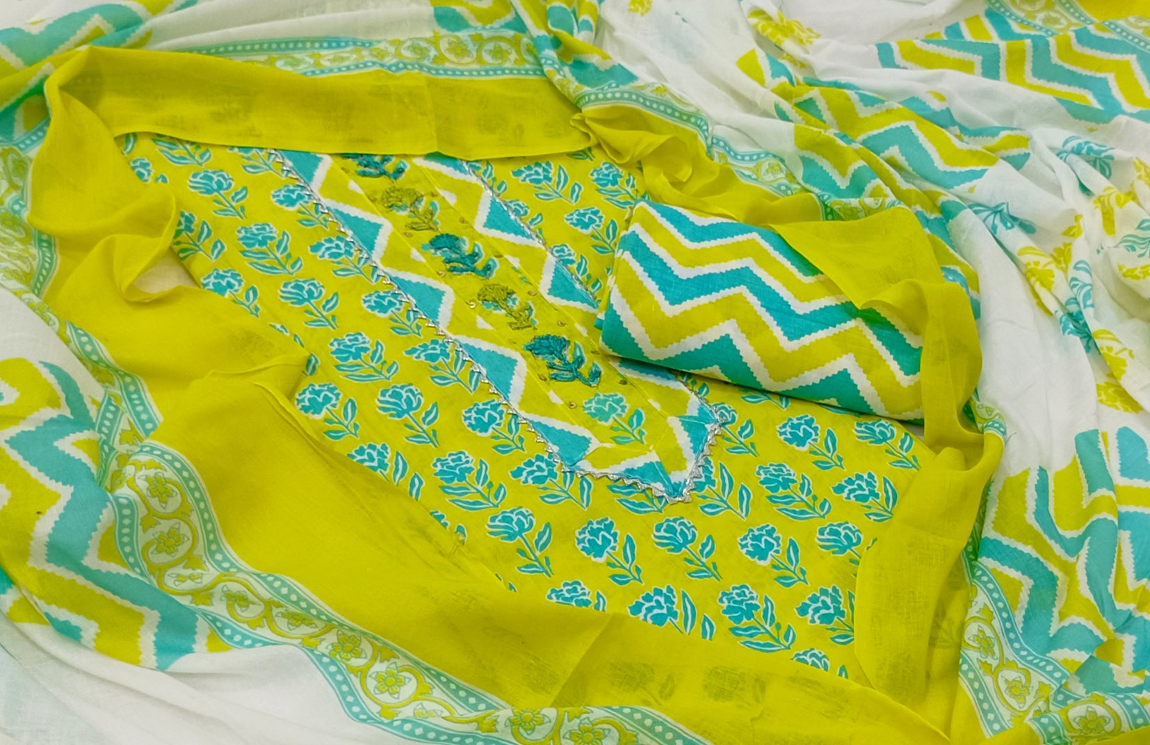 Blue & Yellow Chevron Unstitch Dress Material with Dupatta