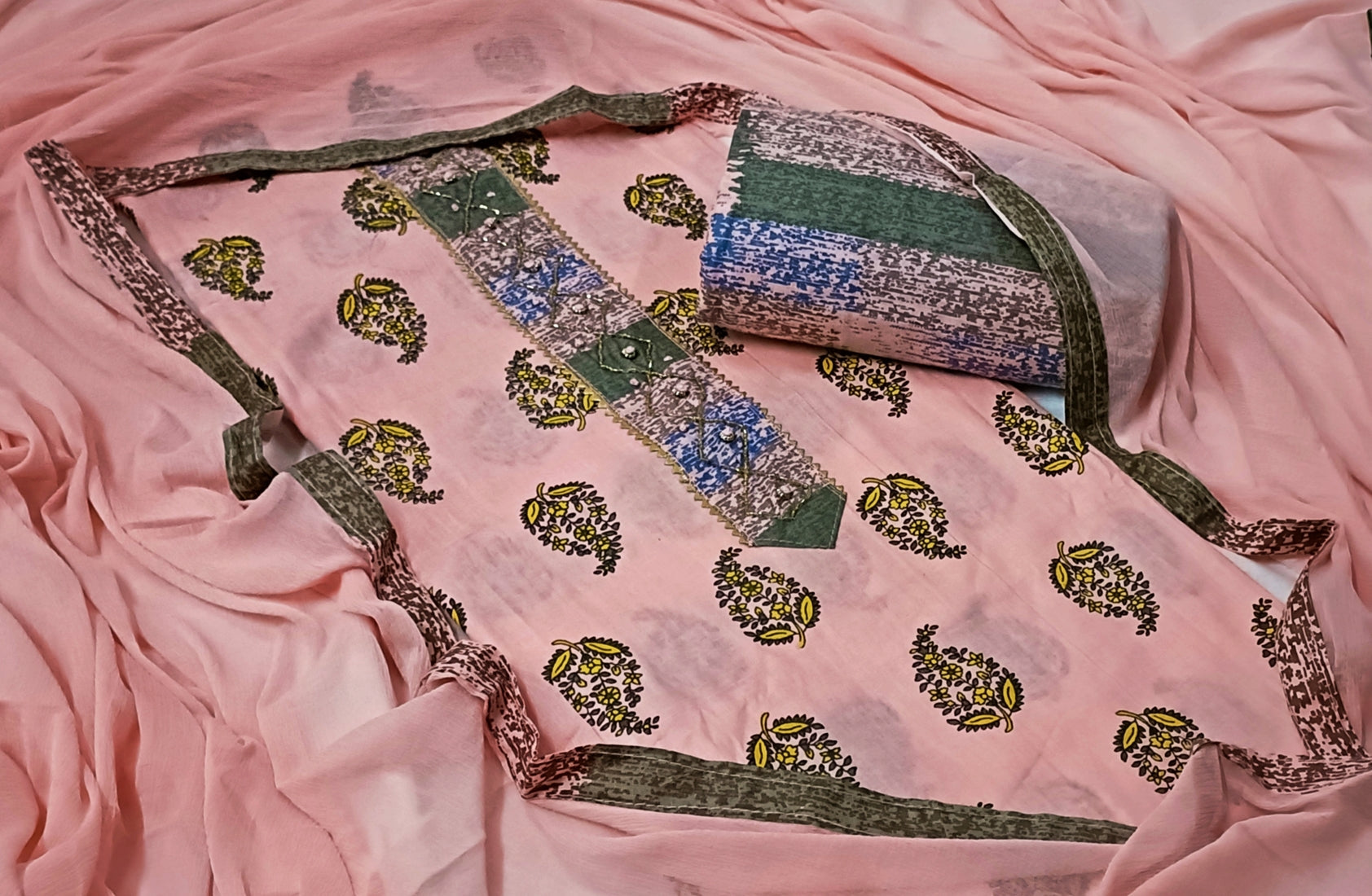 Pink Block Printed Unstitch Dress Material with Dupatta