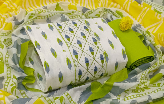 Cotton Printed White Unstitched Dress Material With Dupatta