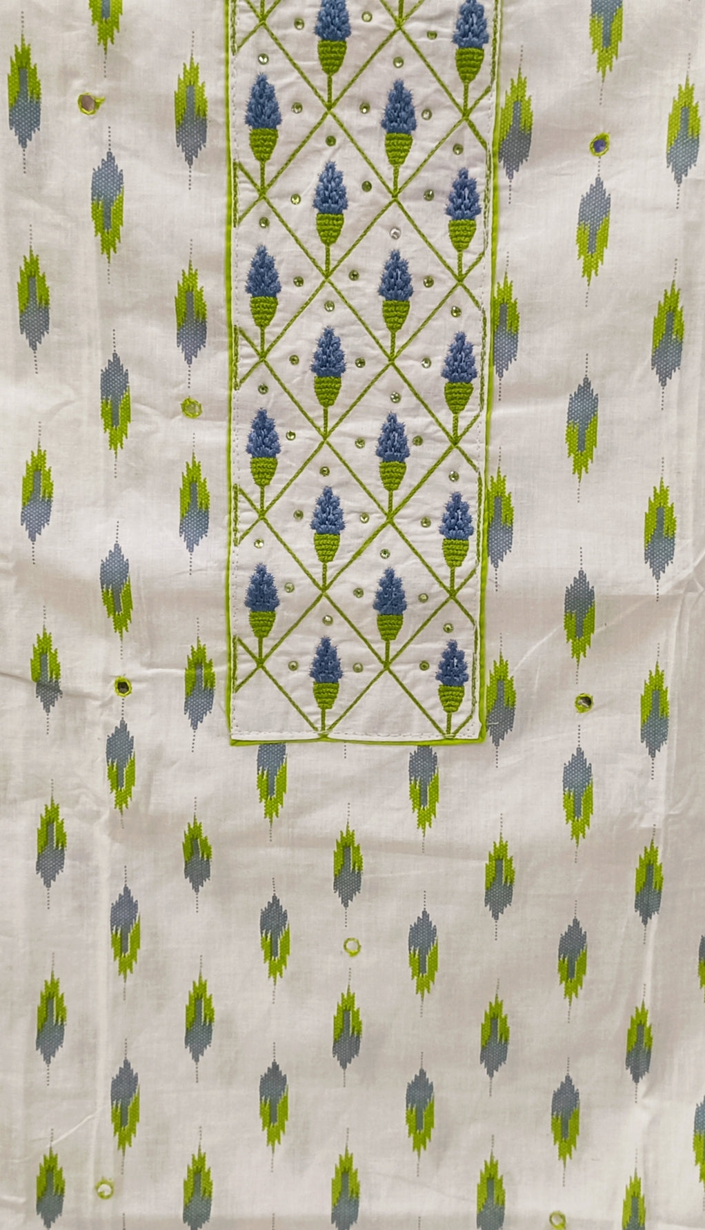 White Ikat Printed Cotton Unstitched Dress Material with Dupatta