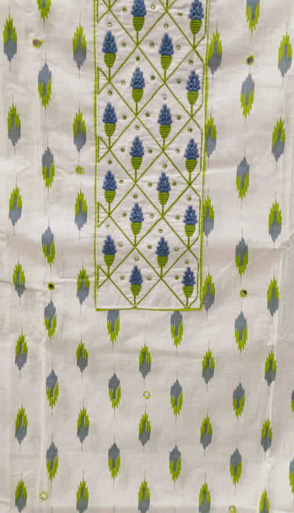 White Ikat Printed Cotton Unstitched Dress Material with Dupatta