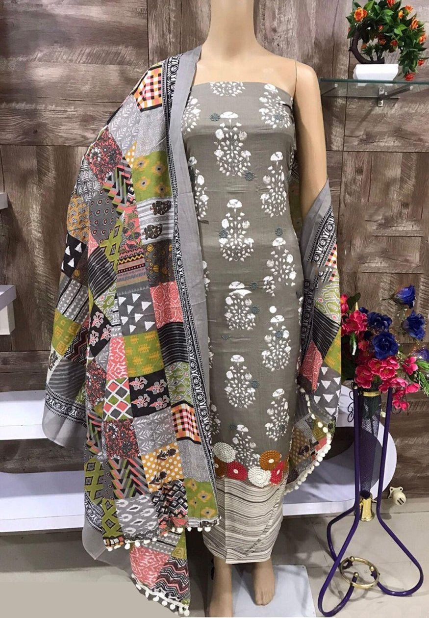Grey Yoke Embroidered Unstitch Dress Material with Dupatta