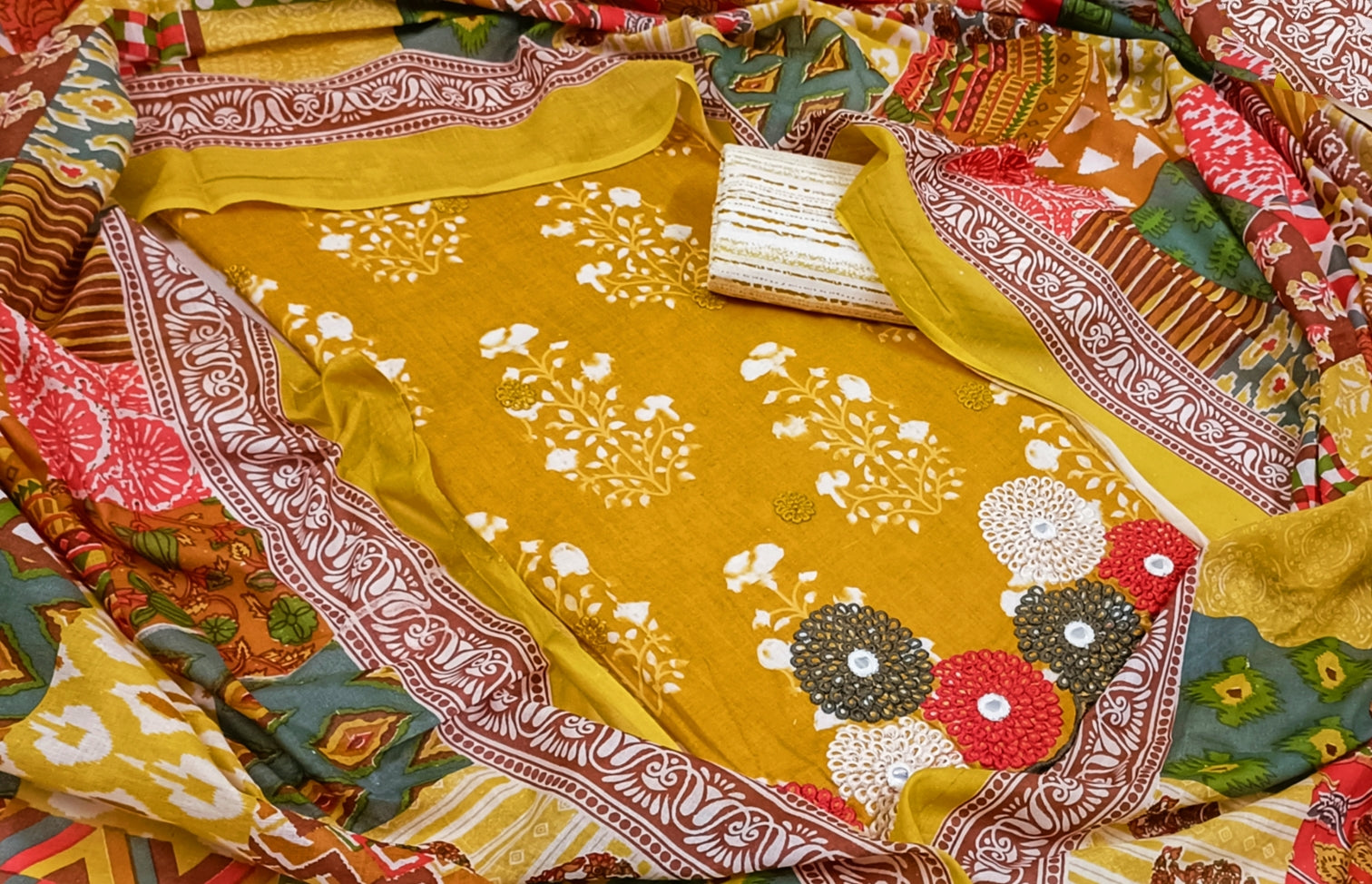 Mustard Yoke Embroidered Unstitch Dress Material with Dupatta