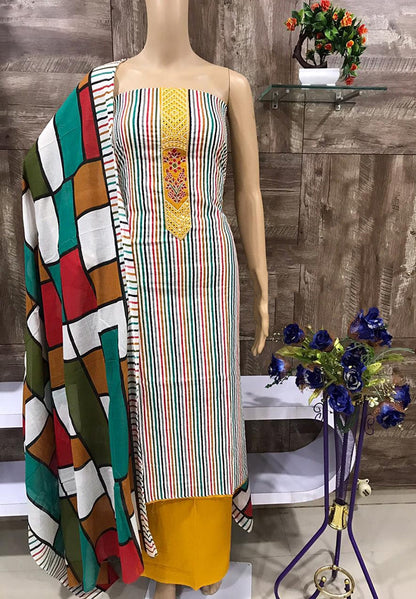 Multicolor Candy Striped Unstitched Dress Material with Dupatta