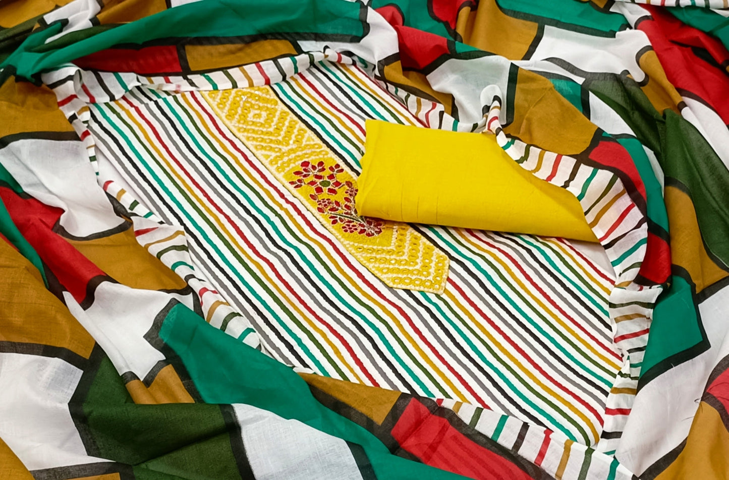 Multicolor Candy Striped Unstitched Dress Material with Dupatta