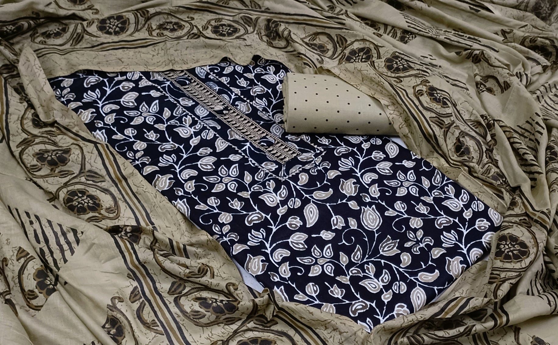 Navy Blue Dabu Printed Unstitch Dress Material with Dupatta