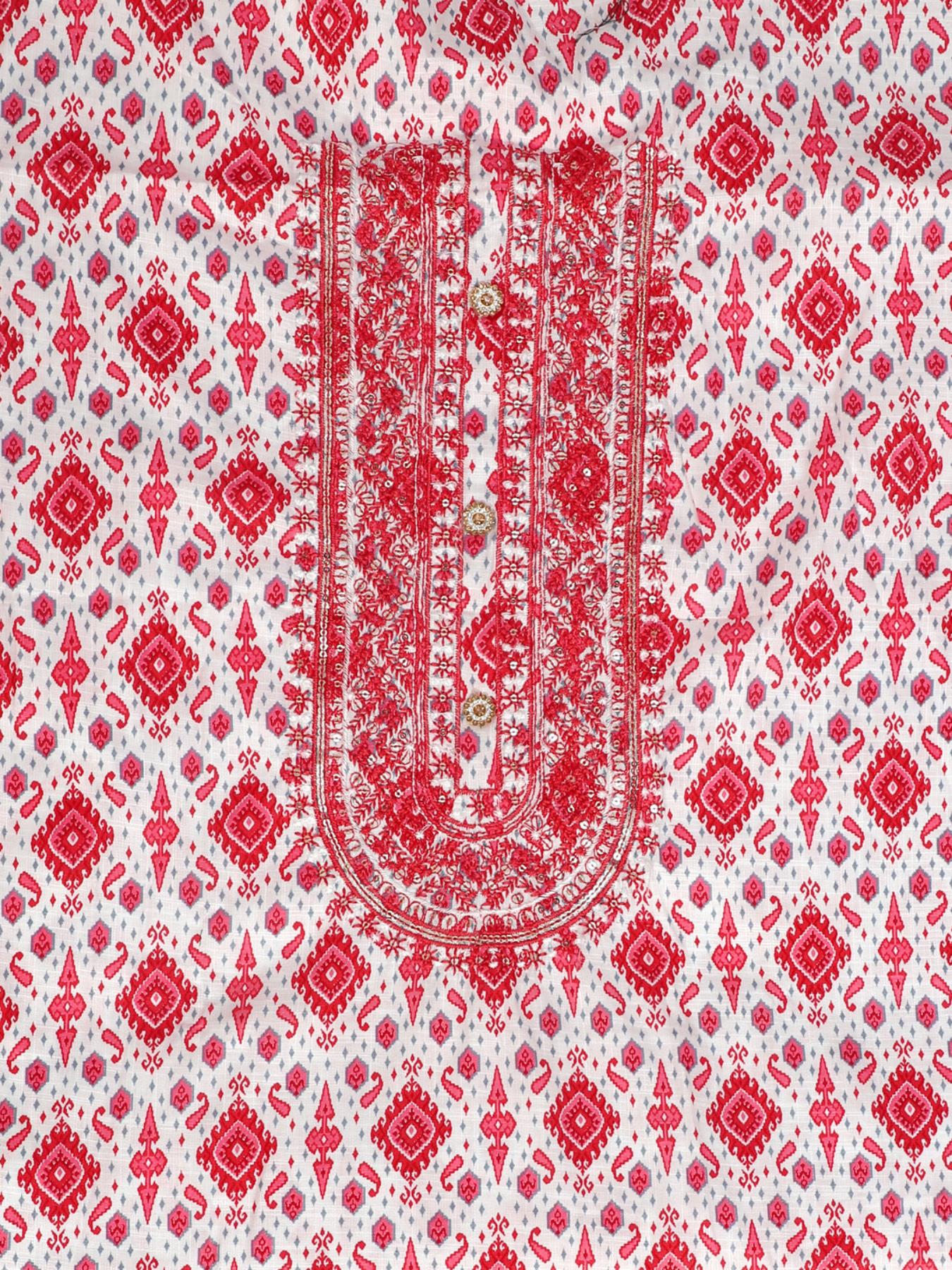 White & Red Block Printed Unstitch Dress Material with Dupatta